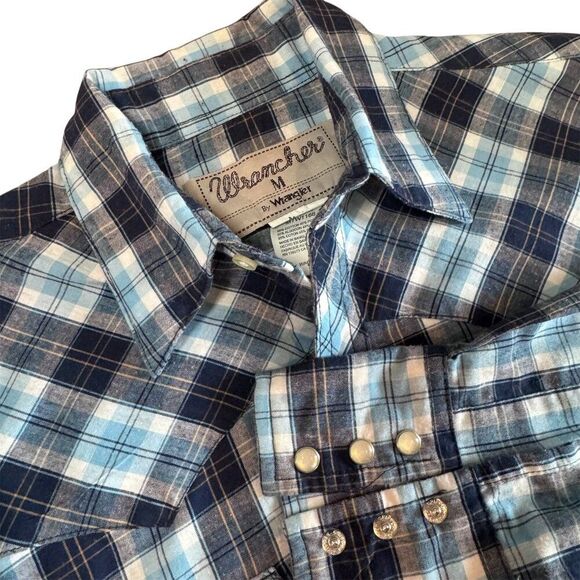 Wrangler Wrancher Vintage 80s 90s Western Pearl Snap Plaid Shirt Blue Men’s M - Picture 1 of 5